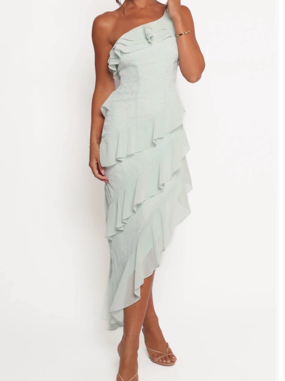 Petal & Pup Marion Embroidered Ruffle One-Shoulder Maxi Cocktail Dress M *Flaw